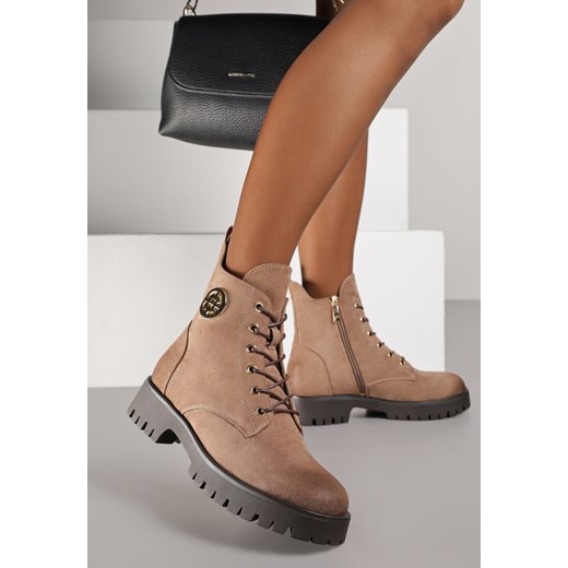 Beżowe Botki Potocki w Stylu Workerów z Geometryczną Aplikacją Fiorna ze sklepu born2be.pl w kategorii Botki - zdjęcie 186288347