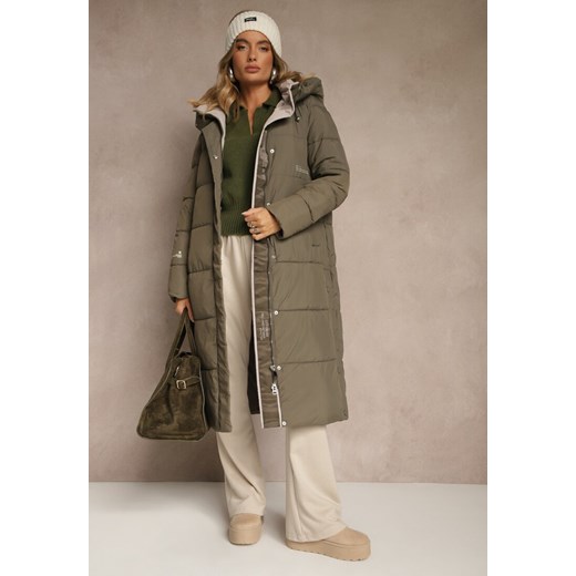 Ciemnozielona Pikowana Kurtka o Długim Kroju z Kapturem i Suwakami po Bokach Renee 2XL renee.pl