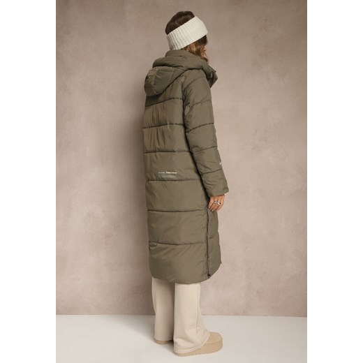 Ciemnozielona Pikowana Kurtka o Długim Kroju z Kapturem i Suwakami po Bokach Renee 2XL renee.pl