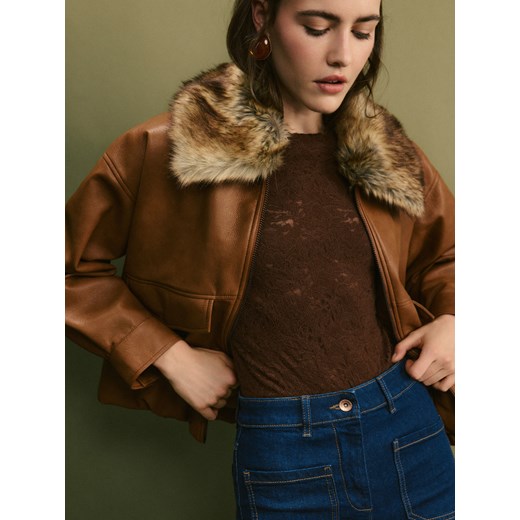 Reserved - Koronkowe body z długimi rękawami - ciemnobrązowy ze sklepu Reserved w kategorii Bluzki damskie - zdjęcie 186302798