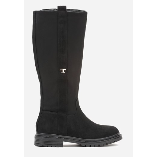 Czarne Eleganckie Kozaki Oficerki z Imitacji Zamszu Zdobione Aplikacją Salissana 36 born2be.pl