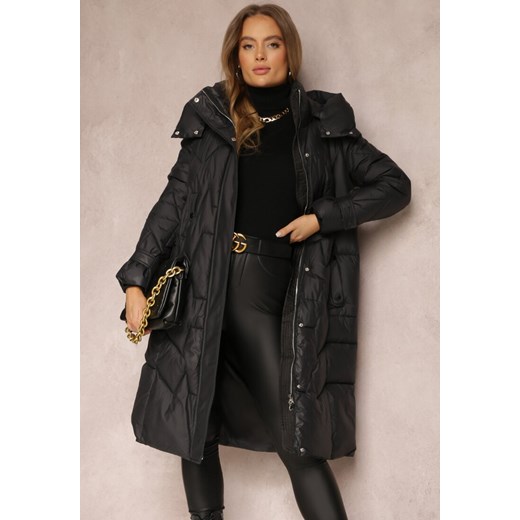 Czarna Kurtka Pikowana Długa z Paskiem i Saszetką Cythine ze sklepu renee.pl w kategorii Kurtki damskie - zdjęcie 186309445