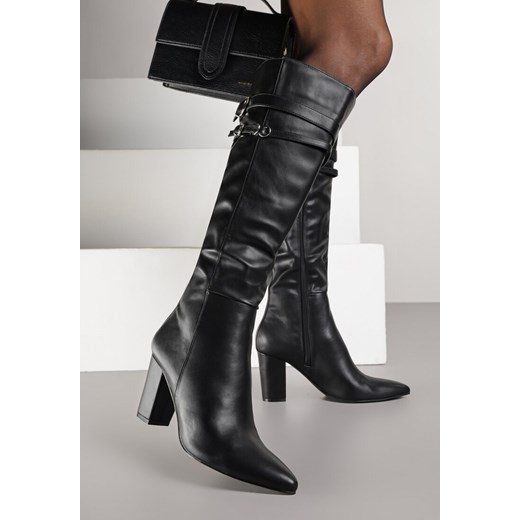 Czarne Kozaki do Kolan na Słupkowym Obcasie ze Sprzączkami na Paskach Miobela Renee 40 renee.pl