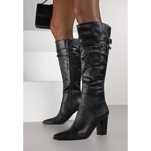 Czarne Kozaki do Kolan na Słupkowym Obcasie ze Sprzączkami na Paskach Miobela Renee 40 renee.pl