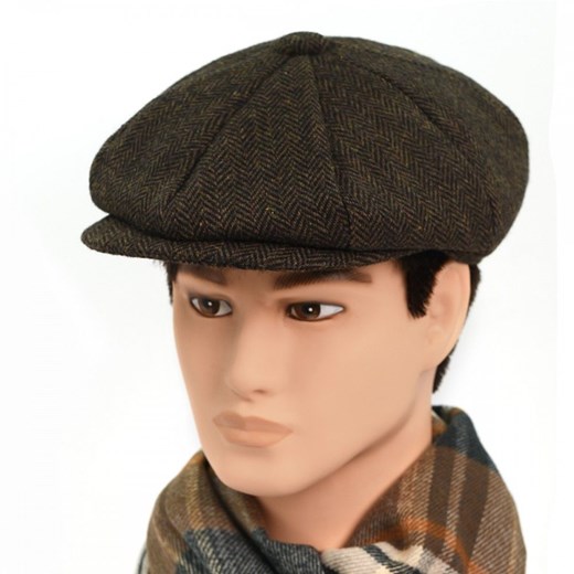 Kaszkiet Wełniany, Jesienno-Zimowy - Pako Jeans - Brąz w Jodełkę Pako Jeans Uniwersalny JegoSzafa.pl