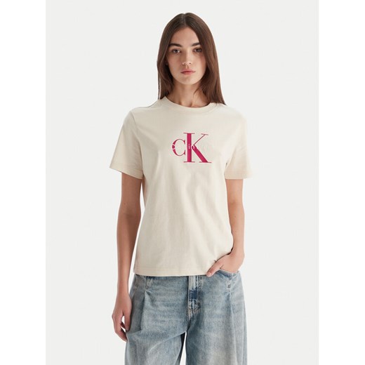 Calvin Klein Jeans T-Shirt Hero LV047B865G Beżowy Regular Fit ze sklepu MODIVO w kategorii Bluzki damskie - zdjęcie 186323555