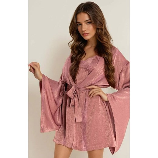 Krótki szlafrok damski z szerokim rękawem Faomi LC 90594, Kolor róż pudrowy, Rozmiar S/M, LivCo Corsetti Fashion ze sklepu Intymna w kategorii Szlafroki damskie - zdjęcie 186327299