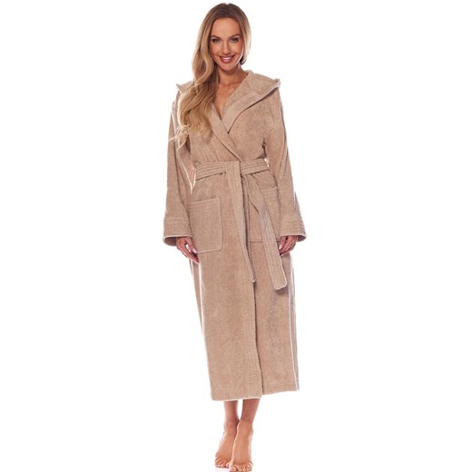 Długi szlafrok damski z kapturem beżowy 2102, Kolor beżowy, Rozmiar L, L&amp;L ze sklepu Intymna w kategorii Szlafroki damskie - zdjęcie 186327409