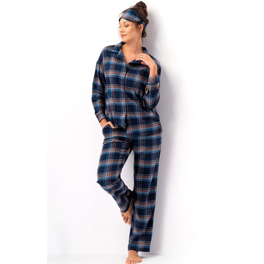 Rozpinana piżama damska w kratę LNS 431, Kolor granatowy-kratka, Rozmiar S, Key ze sklepu Intymna w kategorii Piżamy damskie - zdjęcie 186327456