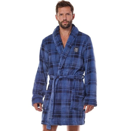 Krótki szlafrok męski niebieski 2456, Kolor niebieski-kratka, Rozmiar L, L&amp;L ze sklepu Intymna w kategorii Szlafroki męskie - zdjęcie 186327568