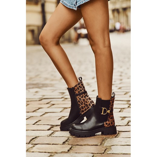 Damskie Botki Sztyblety Ocieplane Złoty Detal Panterka Czarne Priscilla ze sklepu ZAZOO w kategorii Botki - zdjęcie 186329866