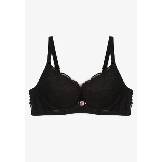 Czarny Biustonosz Typu Push-Up Ozdobiony Koronką Paskami i Aplikacją Ezinzee 85B born2be.pl