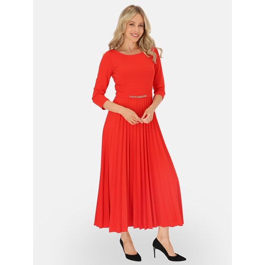 Czerwona sukienka z plisowanym dołemi ozdobą w pasie L'AF Celine ze sklepu Eye For Fashion w kategorii Sukienki - zdjęcie 186337005