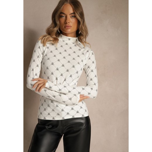 Biała Bluzka Longsleeve Półgolf z Bawełny Ozdobiona Geometrycznym Nadrukiem Renee 2XL renee.pl