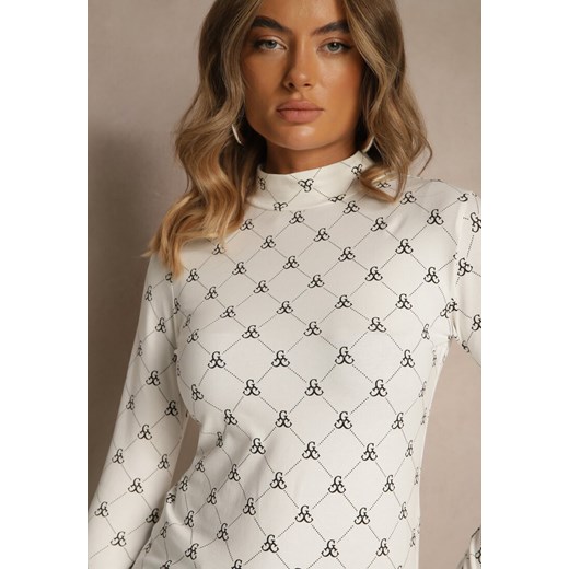 Biała Bluzka Longsleeve Półgolf z Bawełny Ozdobiona Geometrycznym Nadrukiem Renee S renee.pl