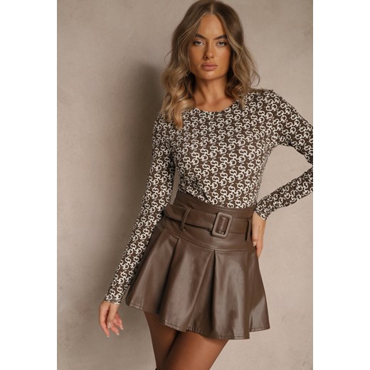 Biało-Brązowa Bluzka Longsleeve z Bawełny Ozdobiony Literowym Wzorem Javelina ze sklepu renee.pl w kategorii Bluzki damskie - zdjęcie 186343605