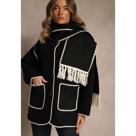 Czarna Kurtka Oversize z Szalikiem i Ozdobnymi Przeszyciami Claritila ze sklepu renee.pl w kategorii Kurtki damskie - zdjęcie 186343635