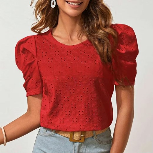 Ażurowy damski top z marszczonymi rękawami - Czerwony S ze sklepu Intimica.pl w kategorii Bluzki damskie - zdjęcie 186351187