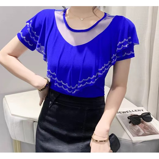 Bluzka damska z ozdobnym dekoltem - Niebieski M ze sklepu Intimica.pl w kategorii Bluzki damskie - zdjęcie 186352707