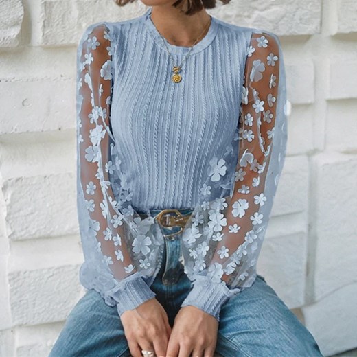 Bluzka z długim rękawem z siateczki w kwiaty - Niebieski S ze sklepu Intimica.pl w kategorii Bluzki damskie - zdjęcie 186352746