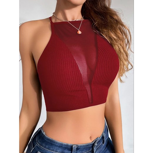 Damski top z głębokim dekoltem i siatką - Bordowy XS ze sklepu Intimica.pl w kategorii Bluzki damskie - zdjęcie 186354536