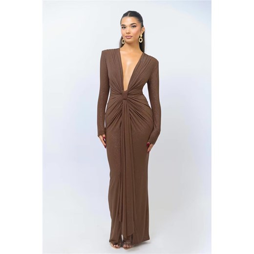 Długa błyszcząca sukienka z rozcięciem na nogę - Brązowy S ze sklepu Intimica.pl w kategorii Sukienki - zdjęcie 186354866