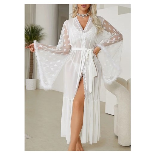 Długi szlafrok damski z prześwitującej siateczki - Biały S ze sklepu Intimica.pl w kategorii Szlafroki damskie - zdjęcie 186355309