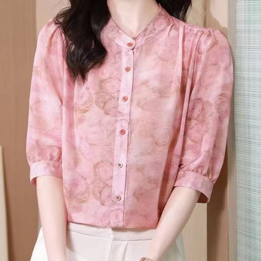 Koszula damska bez kołnierzyka - Różowy M ze sklepu Intimica.pl w kategorii Koszule damskie - zdjęcie 186361395