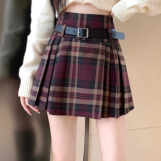 Krótka plisowana spódnica w kratę - Bordowy S ze sklepu Intimica.pl w kategorii Spódnice - zdjęcie 186361869