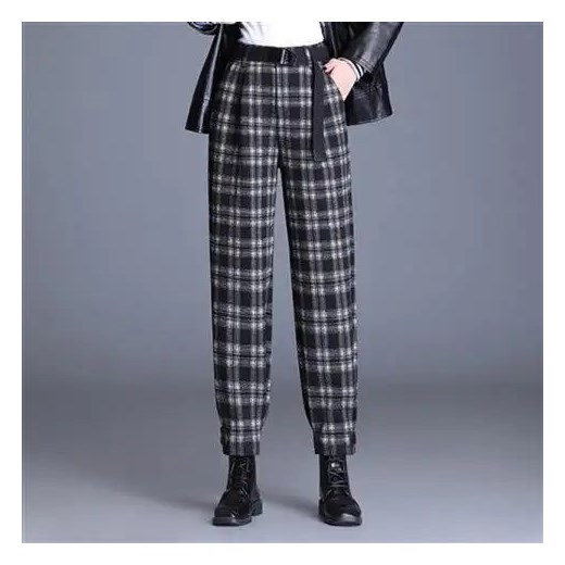 Materiałowe spodnie damskie w kratę - Czarny S ze sklepu Intimica.pl w kategorii Spodnie damskie - zdjęcie 186363185