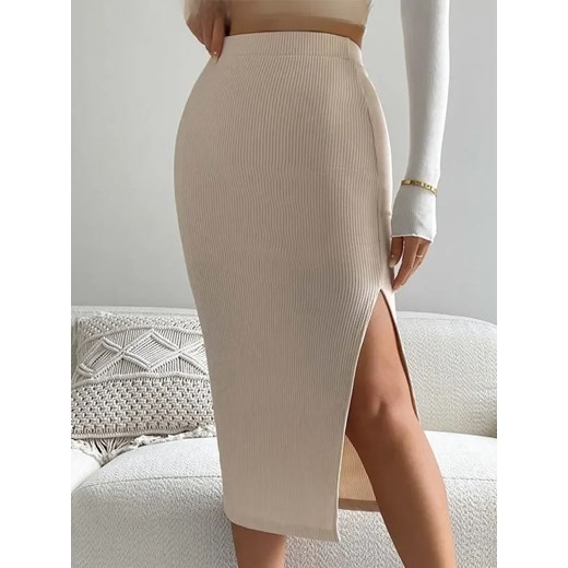 Ołówkowa spódnica midi z rozcięciem - Beżowy S ze sklepu Intimica.pl w kategorii Spódnice - zdjęcie 186363826