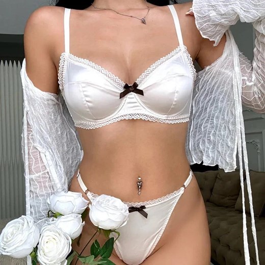 Satynowy komplet bielizny - Biały S ze sklepu Intimica.pl w kategorii Komplety bielizny damskiej - zdjęcie 186366225