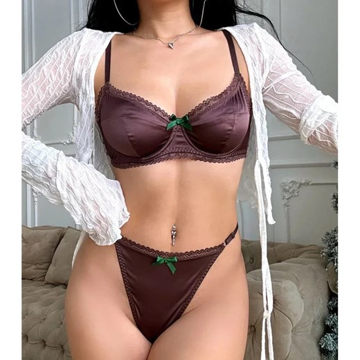 Satynowy komplet bielizny - Brązowy S ze sklepu Intimica.pl w kategorii Komplety bielizny damskiej - zdjęcie 186366237