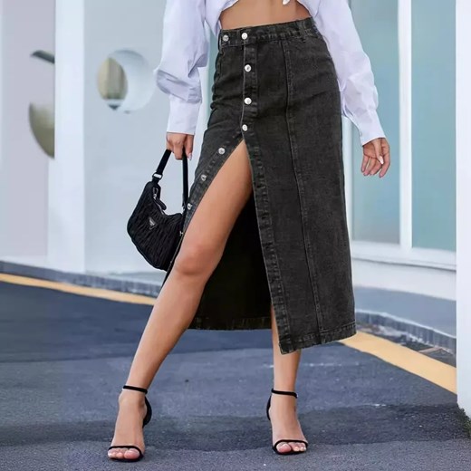 Spódnica denimowa z rozcięciem midi - Czarny S ze sklepu Intimica.pl w kategorii Spódnice - zdjęcie 186367508