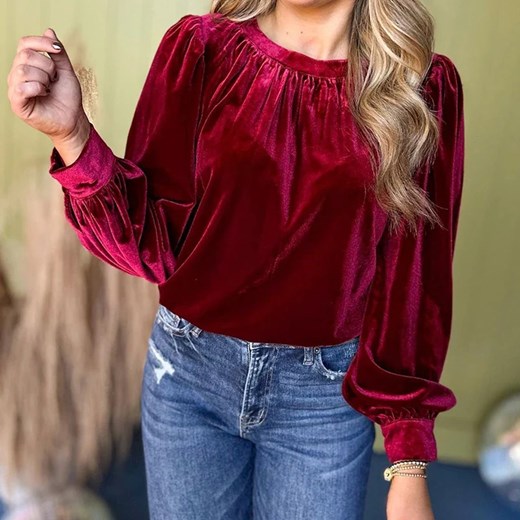 Welurowa damska bluzka z długim rękawem - Czerwony S ze sklepu Intimica.pl w kategorii Bluzki damskie - zdjęcie 186370498