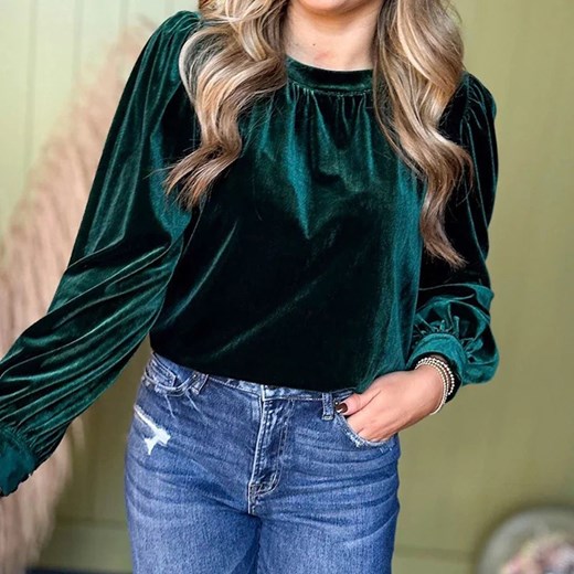 Welurowa damska bluzka z długim rękawem - Zielony S ze sklepu Intimica.pl w kategorii Bluzki damskie - zdjęcie 186370505