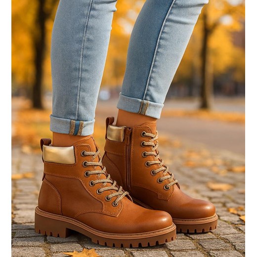 Sznurowane ocieplane botki trapery Karmelowe /E8-2 18266 W432/ ze sklepu Pantofelek24.pl w kategorii Workery damskie - zdjęcie 186383646