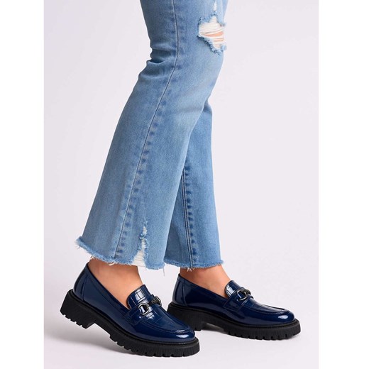 Granatowe półbuty loafersy na platformie /G1-3 15445 T284/ ze sklepu Pantofelek24.pl w kategorii Półbuty damskie - zdjęcie 186383778