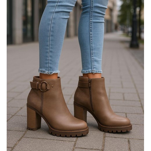 Jesienne botki damskie na obcasie słupku Khaki /A1-2 18211 W308/ ze sklepu Pantofelek24.pl w kategorii Botki - zdjęcie 186384407