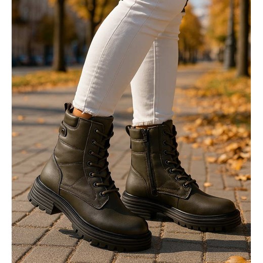 Sznurowane ocieplane botki trapery Zielone /E8-3 18254 W430/ ze sklepu Pantofelek24.pl w kategorii Workery damskie - zdjęcie 186384876