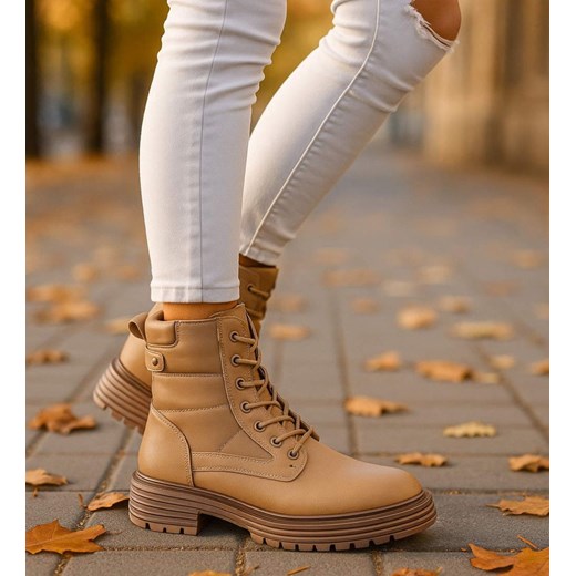Sznurowane ocieplane botki trapery Khaki /F1-3 18255 W430/ ze sklepu Pantofelek24.pl w kategorii Workery damskie - zdjęcie 186385097