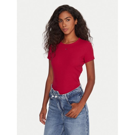 Tommy Jeans T-Shirt Essential DW0DW17383 Różowy Slim Fit ze sklepu MODIVO w kategorii Bluzki damskie - zdjęcie 186386945