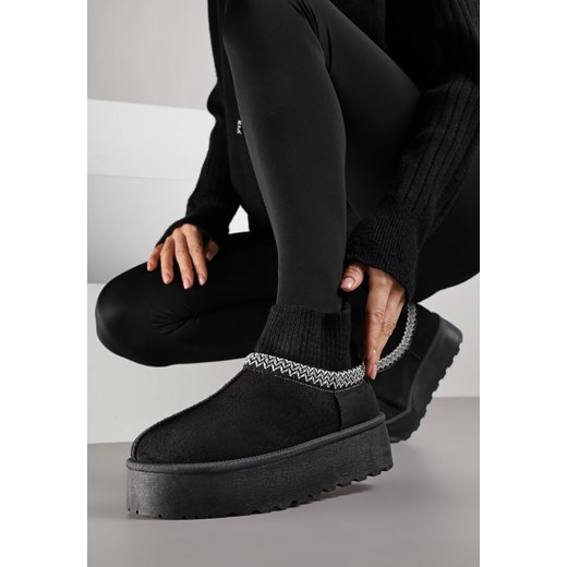 Czarne Śniegowce VICES na Platformie ze Skarpetkową Cholewką i Haftem Ebentia ze sklepu renee.pl w kategorii Śniegowce damskie - zdjęcie 186388497