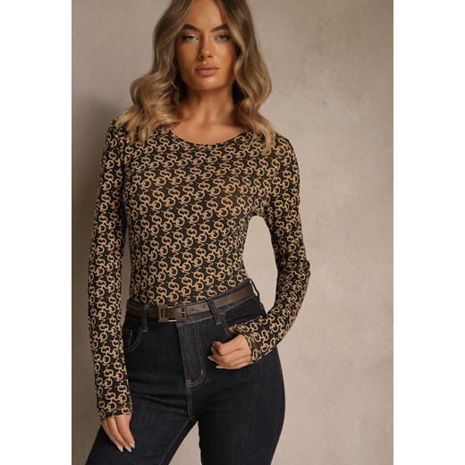 Brązowo-Czarna Bluzka Longsleeve z Bawełny Ozdobiony Literowym Wzorem Javelina ze sklepu renee.pl w kategorii Bluzki damskie - zdjęcie 186390699