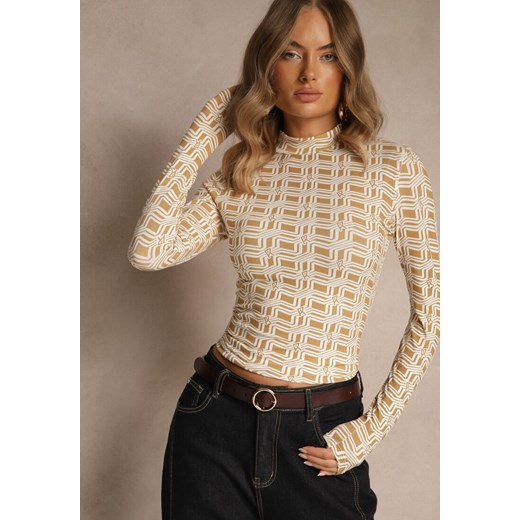 Biało-Beżowa Bluzka Longsleeve z Golfem z Bawełny w Geometryczny Print Zadanevia ze sklepu renee.pl w kategorii Bluzki damskie - zdjęcie 186390709