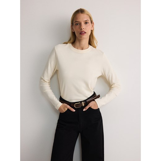 Reserved - Longsleeve z merceryzowanej bawełny - złamana biel ze sklepu Reserved w kategorii Bluzki damskie - zdjęcie 186412139