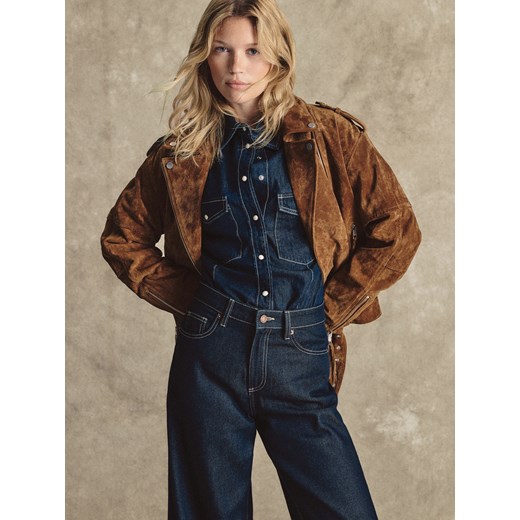 Reserved - Zamszowa ramoneska oversize z paskiem - brązowy ze sklepu Reserved w kategorii Kurtki damskie - zdjęcie 186412435