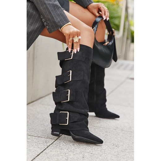 Damskie Kozaki Obcas Słupek Wywinięta Cholewka Eko Zamsz Czarne Klamry Piregonia ze sklepu ZAZOO w kategorii Kozaki damskie - zdjęcie 186412766