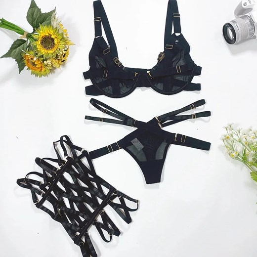 3-częściowy zestaw bielizny z paseczkowym gorsetem - Czarny S ze sklepu Intimica.pl w kategorii Komplety bielizny damskiej - zdjęcie 186413959