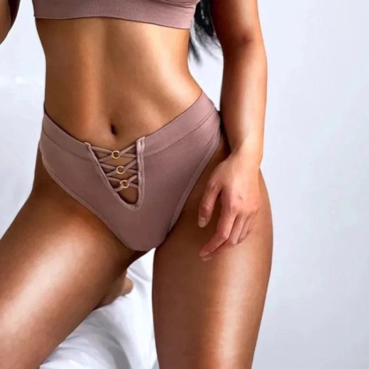 Bawełniane stringi z wysokim stanem i wiązaniem - Brązowy Uniwersalny ze sklepu Intimica.pl w kategorii Majtki damskie - zdjęcie 186414205